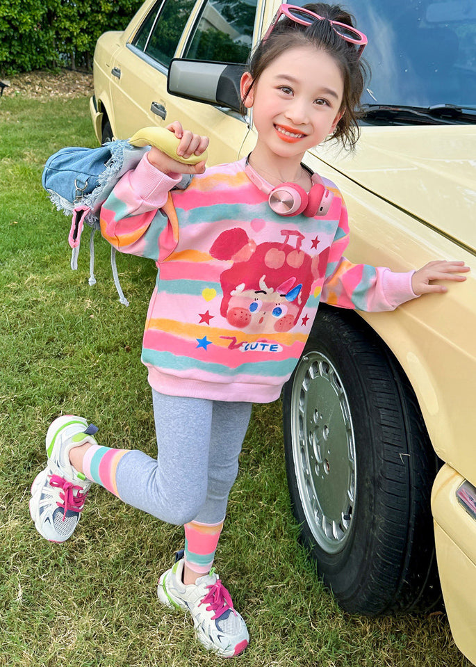 Cute Pink Striped Print Girls Top And Pants Two Pieces Set Spring