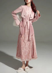 Cute Pink Tulle Patchwork Shirts And Maxi Skirts Two Piece Set Long Sleeve