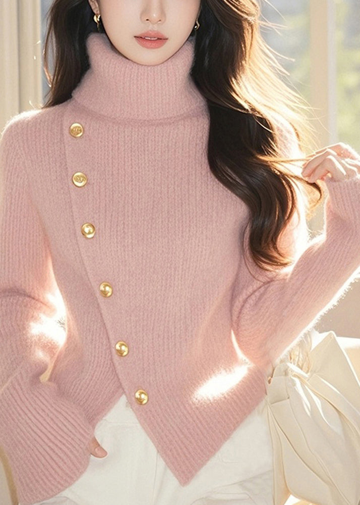 Cute Pink Turtleneck Cotton Knit Sweater Tops Spring