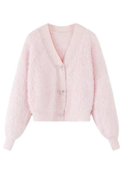 Cute Pink V Neck Button Mink Hair Knitted Cardigan Winter