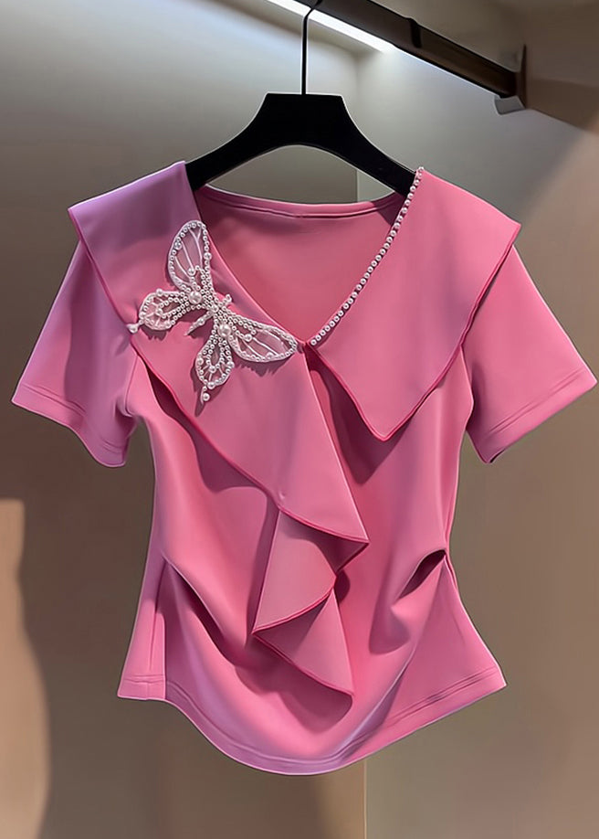 Cute Pink V Neck Embroidered Butterfly Nail Bead Top Short Sleeve