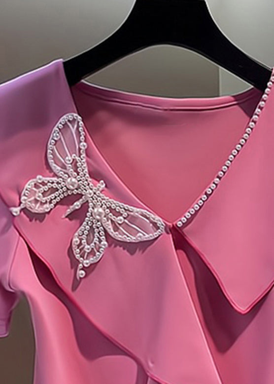 Cute Pink V Neck Embroidered Butterfly Nail Bead Top Short Sleeve
