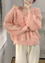 Cute Pink V Neck Floral Cotton Knit Sweater Long Sleeve