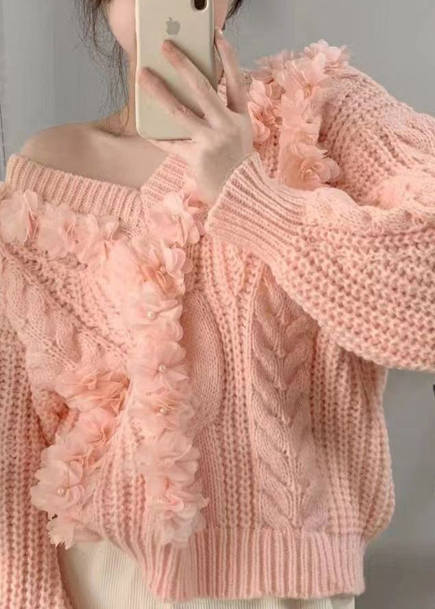 Cute Pink V Neck Floral Cotton Knit Sweater Long Sleeve