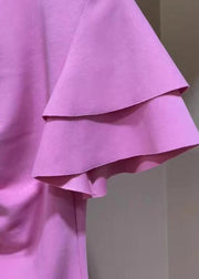 Cute Pink V Neck Floral Wrinkled Top Short Sleeve
