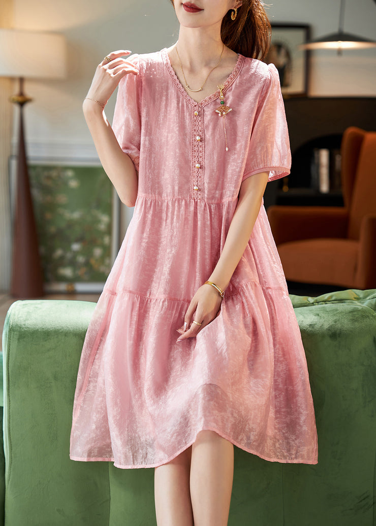 Cute Pink V Neck Lace Patchwork Chiffon Long Dresses Short Sleeve