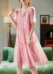 Cute Pink V Neck Lace Patchwork Chiffon Long Dresses Short Sleeve