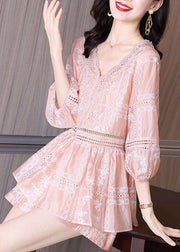 Cute Pink V Neck Lace Patchwork Chiffon Shirts And Shorts Two Piece Set Summer