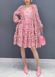 Cute Pink V Neck Ruffled Patchwork Print Chiffon Mid Dress Long Sleeve
