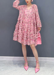 Cute Pink V Neck Ruffled Patchwork Print Chiffon Mid Dress Long Sleeve