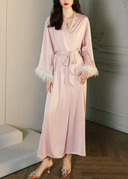 Cute Pink V Neck Tie Waist Ice Silk Robe Spring