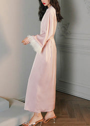 Cute Pink V Neck Tie Waist Ice Silk Robe Spring