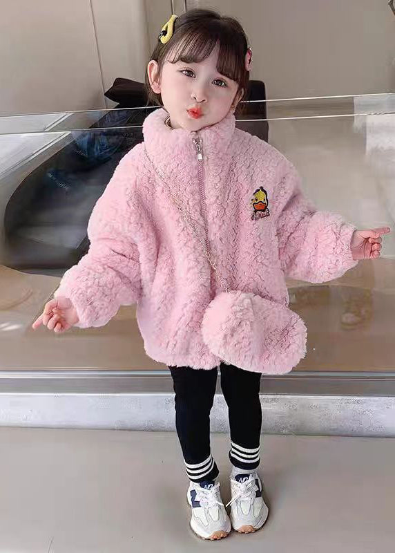 Cute Pink Zip Up Pockets Teddy Faux Fur Girls Coats Long Sleeve