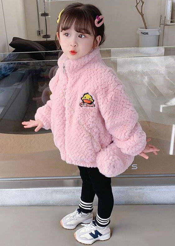 Cute Pink Zip Up Pockets Teddy Faux Fur Girls Coats Long Sleeve