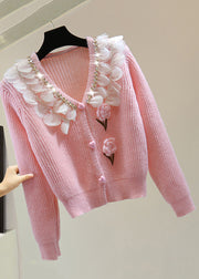 Cute Pink Zippered Patchwork Floral Cotton Knit Sweater Winter