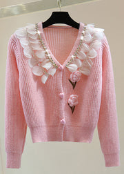 Cute Pink Zippered Patchwork Floral Cotton Knit Sweater Winter