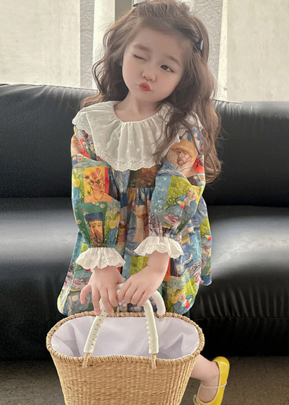 Cute Print Patchwork Kids Vacation Mid Dresses Fall