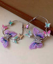 Cute Purple Alloy Zircon Knit Butterfly Hoop Earrings