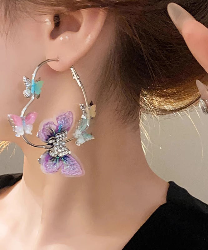 Cute Purple Alloy Zircon Knit Butterfly Hoop Earrings