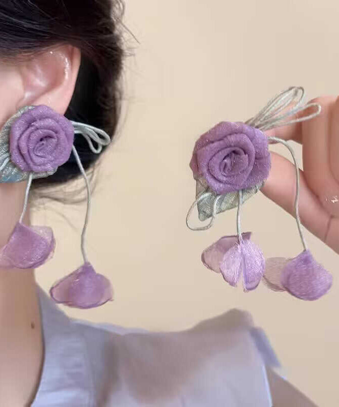 Cute Purple Cloth Tulle Rose Tassel Drop Earrings