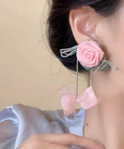 Cute Purple Cloth Tulle Rose Tassel Drop Earrings