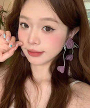 Cute Purple Cloth Tulle Rose Tassel Drop Earrings