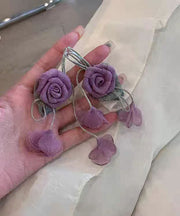 Cute Purple Cloth Tulle Rose Tassel Drop Earrings