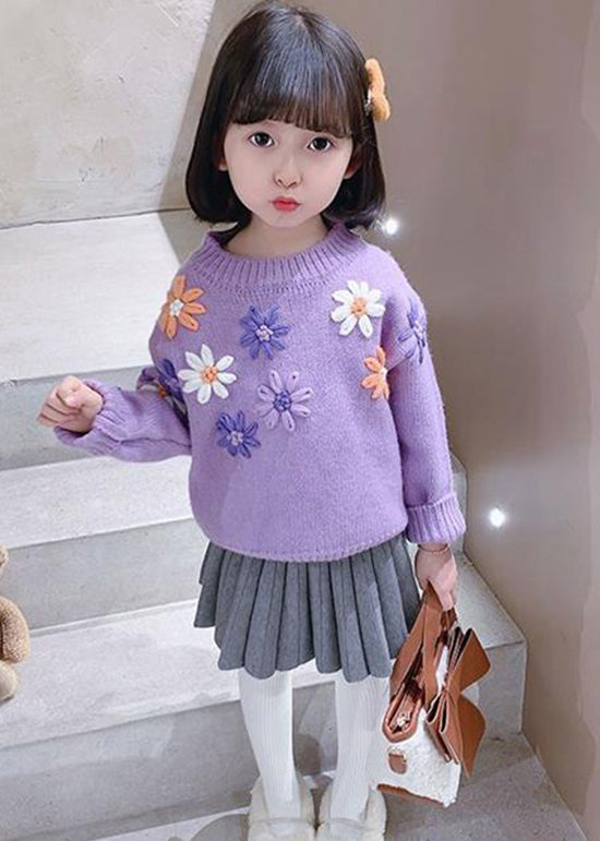 Cute Purple O Neck Floral Thick Knit Kids Girls Knit Pullover Winter