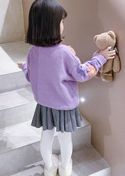 Cute Purple O Neck Floral Thick Knit Kids Girls Knit Pullover Winter