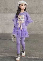 Cute Purple O Neck Sequins Tulle Patchwork Girls Two Pieces Set Fall