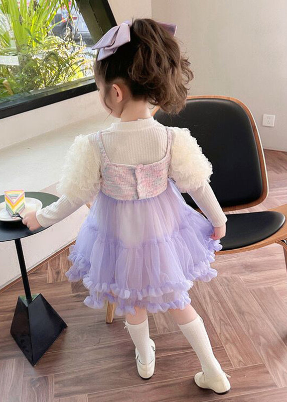 Cute Purple Slash Neck Patchwork Tulle Kids Maxi Spaghetti Strap Dresses Sleeveless