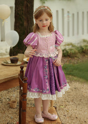 Cute Purple Square Collar Embroideried Patchwork Girls Holiday Long Dress Summer