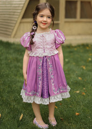 Cute Purple Square Collar Embroideried Patchwork Girls Holiday Long Dress Summer