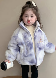 Cute Purple Stand Collar Embroideried Zippered Kids Mink Velvet Coats Winter