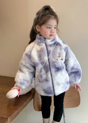 Cute Purple Stand Collar Embroideried Zippered Kids Mink Velvet Coats Winter