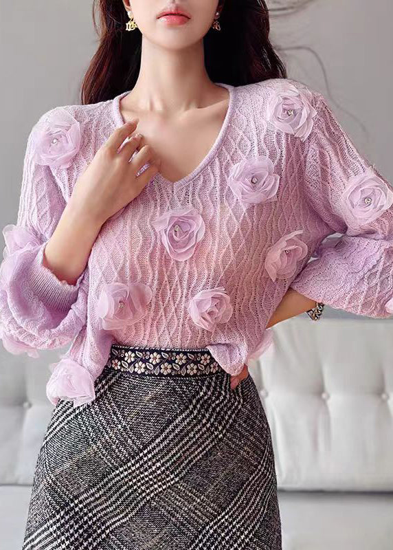 Cute Purple V Neck Floral Knit Sweater Lantern Sleeve