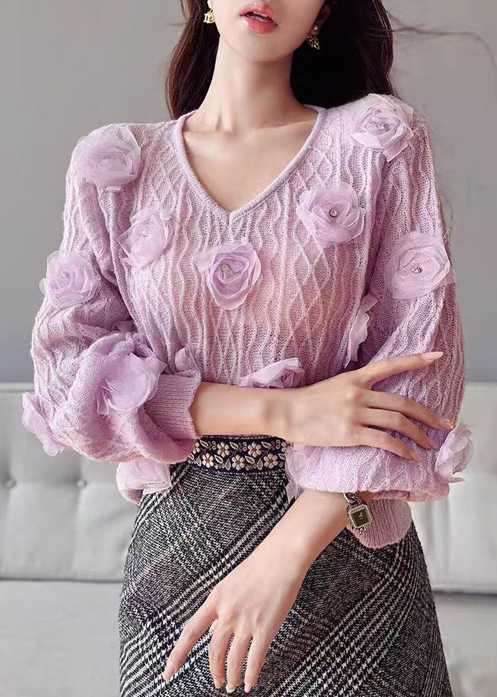 Cute Purple V Neck Floral Knit Sweater Lantern Sleeve