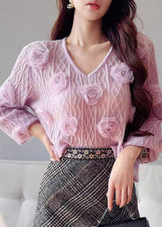 Cute Purple V Neck Floral Knit Sweater Lantern Sleeve