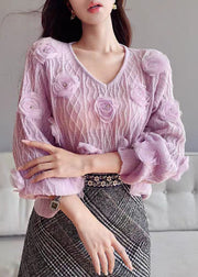 Cute Purple V Neck Floral Knit Sweater Lantern Sleeve