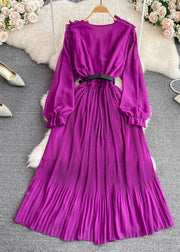 Cute Purple V Neck Ruffled Tunic Sashes Maxi Dress Puff Sleeve