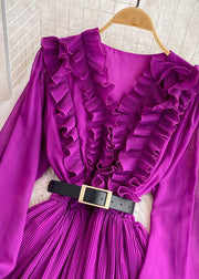 Cute Purple V Neck Ruffled Tunic Sashes Maxi Dress Puff Sleeve