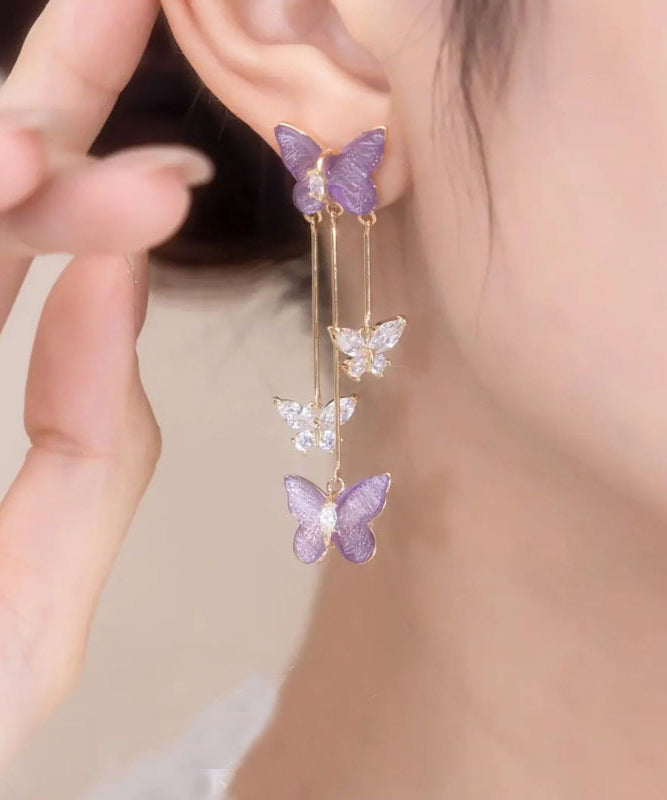 Cute Purple lloy Zircon Crystal Butterfly Tassel Drop Earrings