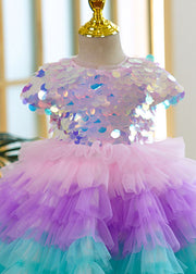 Cute Rainbow O-Neck Sequins Tulle Girls Maxi Dresses Summer