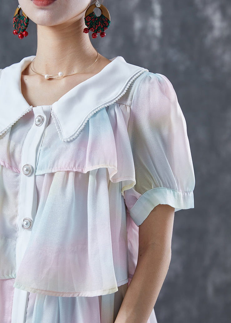 Cute Rainbow Peter Pan Collar Layered Ruffles Chiffon Dresses Summer