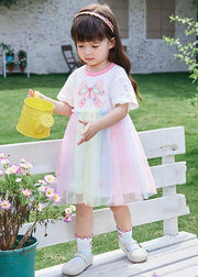 Cute Rainbow Print Tulle Patchwork Cotton Girls Dress Summer