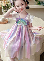 Cute Rainbow Ruffled Nail Bead Patchwork Chiffon Baby Girls Dress Summer