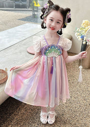 Cute Rainbow Ruffled Nail Bead Patchwork Chiffon Baby Girls Dress Summer