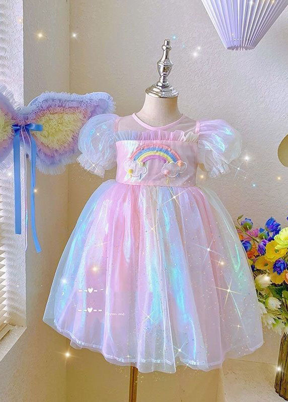 Cute Rainbow Ruffled Patchwork Tulle Baby Girls Dresses Summer