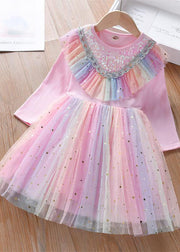 Cute Rainbow Ruffled Sequins Patchwork Tulle Baby Girls Party Dress Long Sleeve