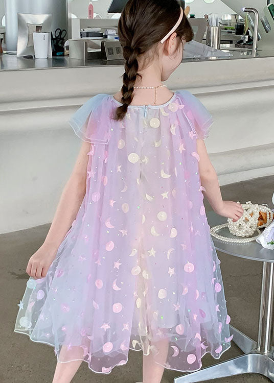 Cute Rainbow Sequins Wrinkled Patchwork Tulle Kids Girls Princess Dress Summer